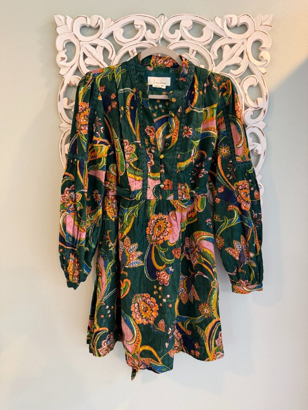 Anthropologie Green Paisley Floral Lace Trim Belted Dress